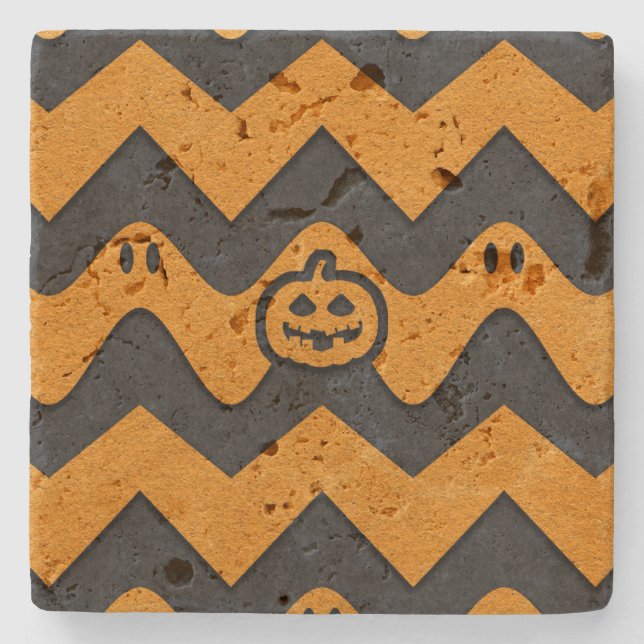 Halloween Chevron Pattern with Ghosts and Pumpkins Stone Coaster (Front)