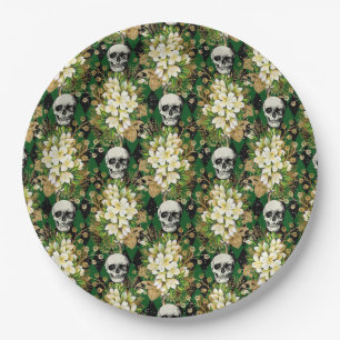 Halloween Chic Floral Skull Argyle Pattern Paper Plate