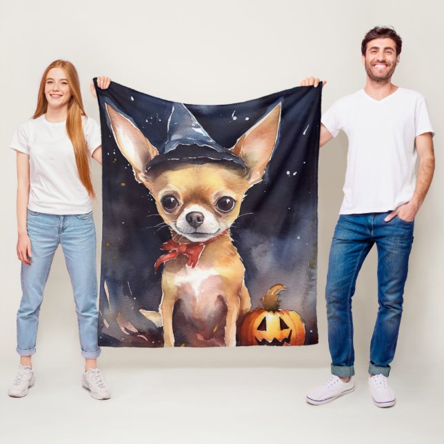 Halloween chihuahua With Pumpkins Scary Fleece Blanket (In Situ)