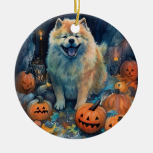 Halloween Chow Chow With Pumpkins Scary  Ceramic Ornament