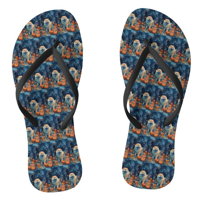 Halloween Chow Chow With Pumpkins Scary  Flip Flops (Footbed)