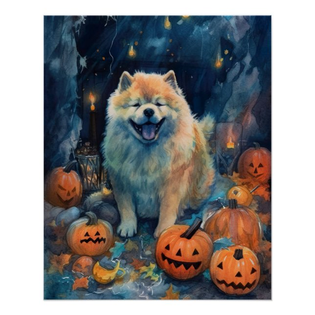 Halloween Chow Chow With Pumpkins Scary  Poster (Front)