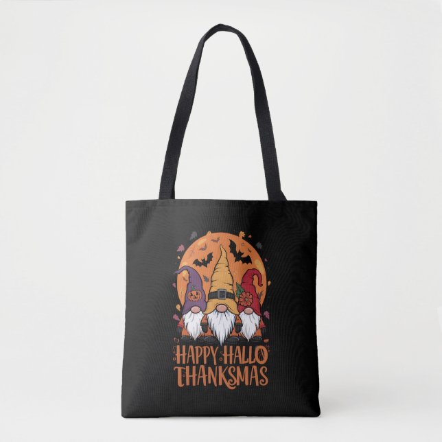 Halloween Christmas Happy HalloThanksMas Gnomes Tote Bag (Front)