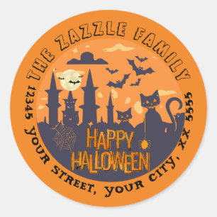 Halloween City with enchanting black cats Classic Round Sticker