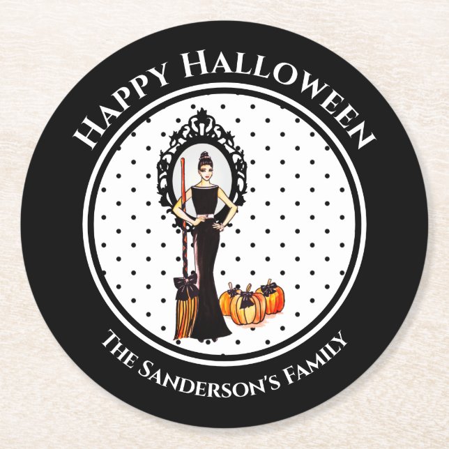 Halloween Classic Elegant Black Dress Polka Dots Round Paper Coaster (Front)