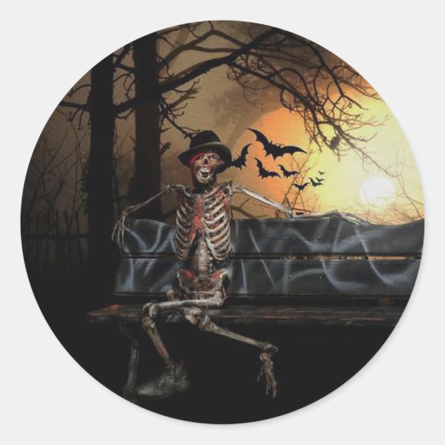 Halloween Classic Round Sticker/Skeleton and Bats Classic Round Sticker (Front)
