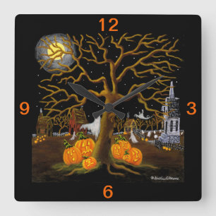 Halloween,clock,ghosts,Jack-O-Lanterns,graves Square Wall Clock