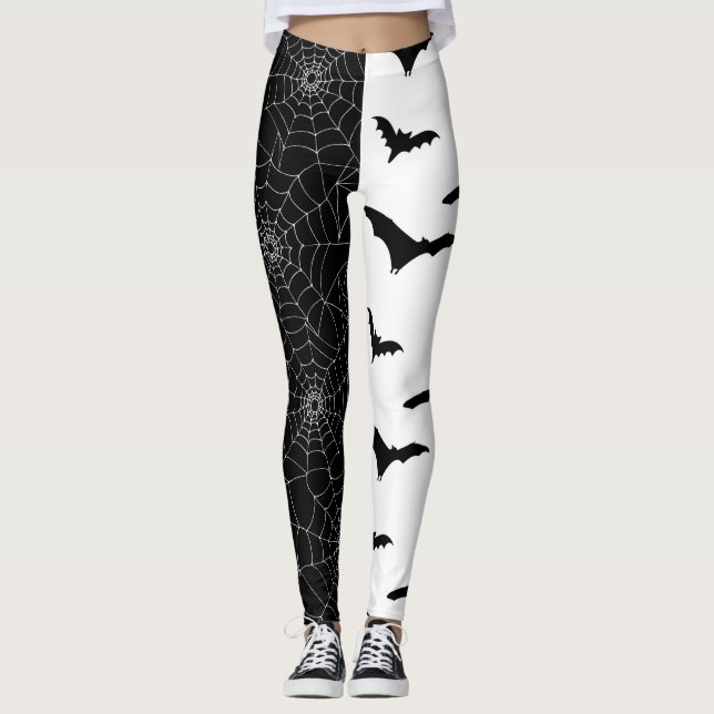 Halloween Cobwebs and Bats Black and White Pattern Leggings (Front)