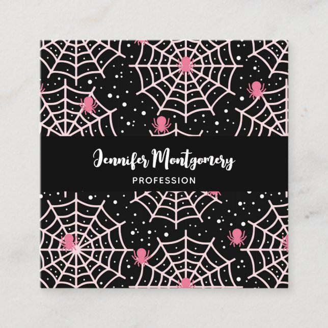 Halloween Cobwebs & Spiders Pattern Square Business Card (Front)