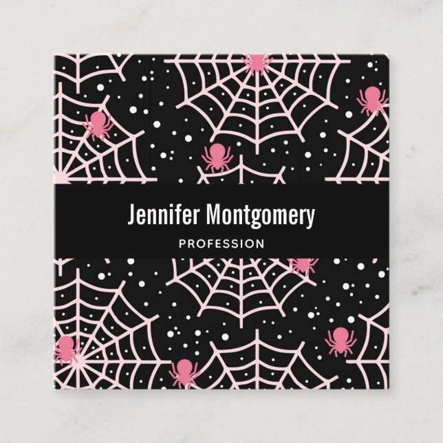 Halloween Cobwebs & Spiders Pattern Square Business Card (Front)