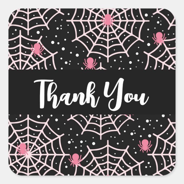 Halloween Cobwebs & Spiders Pattern Thank You Square Sticker (Front)