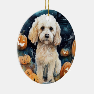 Halloween Cockapoo With Pumpkins Scary  Ceramic Ornament