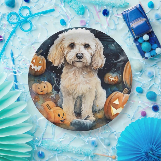 Halloween Cockapoo With Pumpkins Scary  Paper Plate (Party)