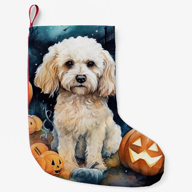 Halloween Cockapoo With Pumpkins Scary  Small Christmas Stocking (Front)
