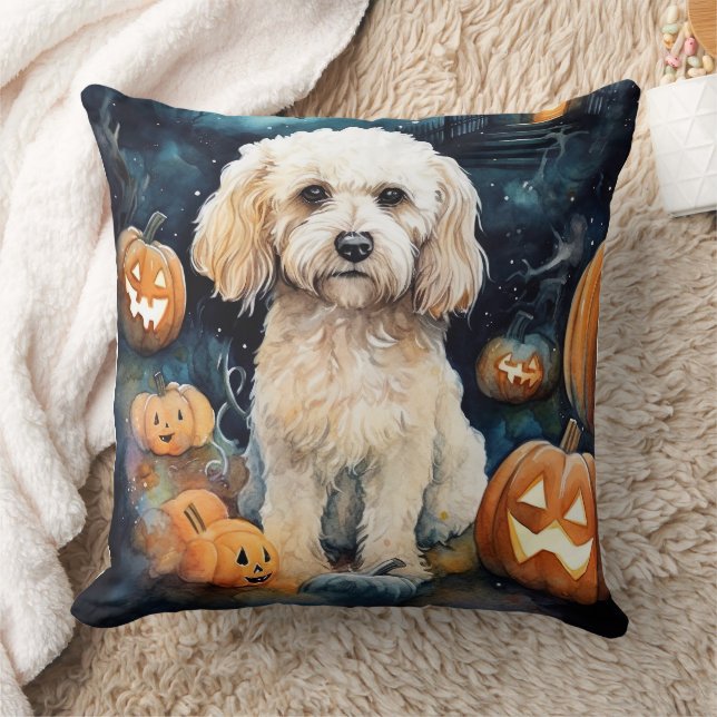 Halloween Cockapoo With Pumpkins Scary  Throw Pillow (Blanket)