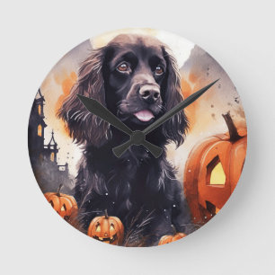 Halloween Cocker Spaniel With Pumpkins Round Clock