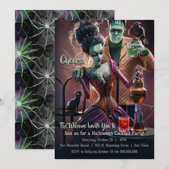 Halloween Cocktail Party, Frankenstein & Bride Invitation (Front/Back)