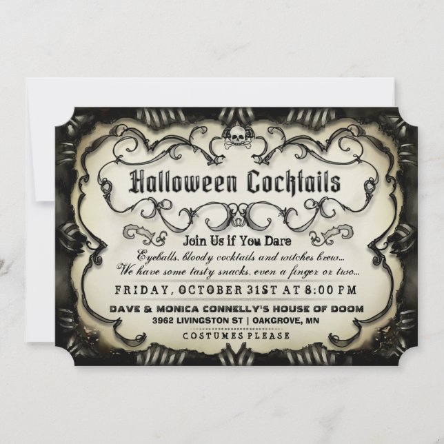 Halloween Cocktails Gothic Black & Tan Invite (Front)