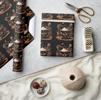 Halloween Coffee Art – Spooky Latte with Skeletons Wrapping Paper
