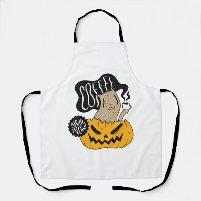 Halloween Coffee Cat - Cute Halloween Cat Drinking Apron (Front)