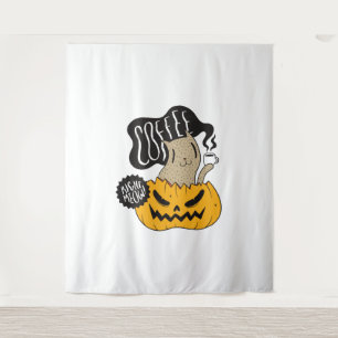 Halloween Coffee Cat - Cute Halloween Cat Drinking Tapestry