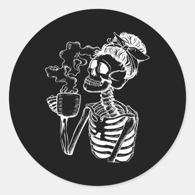 Halloween Coffee Drinking Skeleton Teacher Lazy Di Classic Round Sticker (Front)