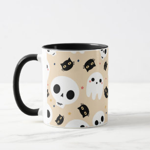 Halloween Coffee Mug With Skull Ghost And Cat