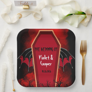 Halloween Coffin Bat Wings Black Red Wedding Paper Plate