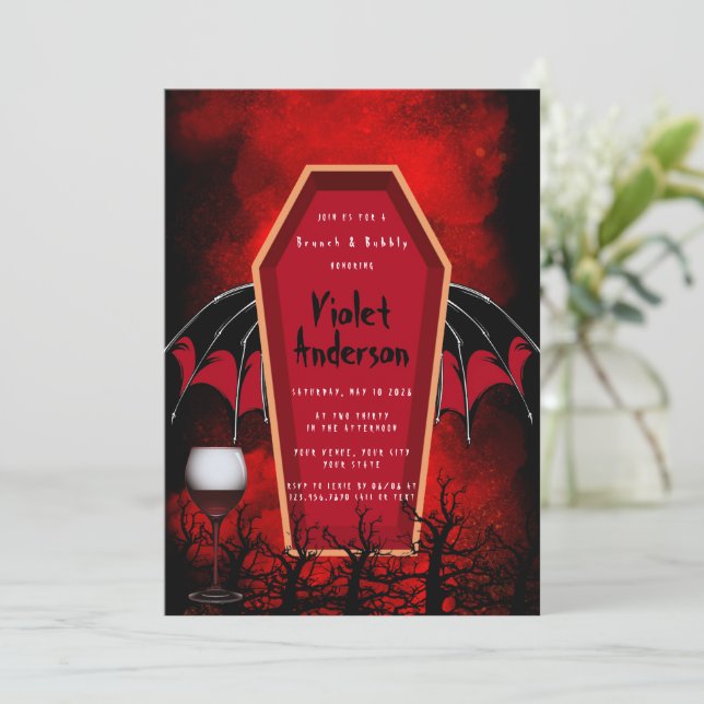 Halloween Coffin Bat Wings Brunch and Bubbly Invitation (Standing Front)