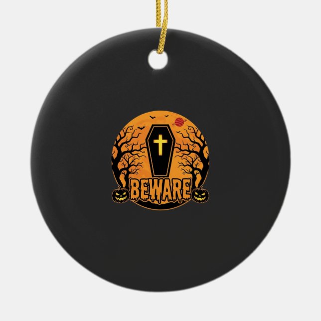 Halloween Coffin Beware Pumpkin Horror Design_1 Ceramic Ornament (Front)