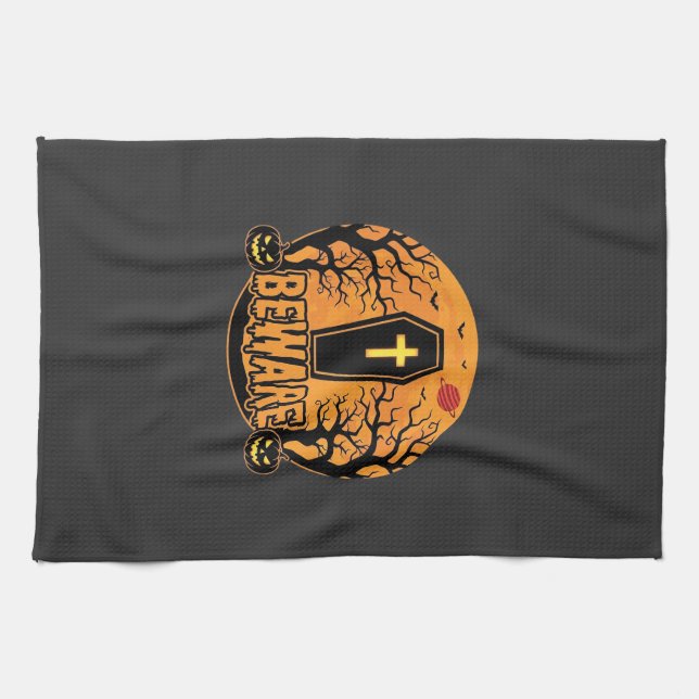 Halloween Coffin Beware Pumpkin Horror Design_1 Kitchen Towel (Horizontal)