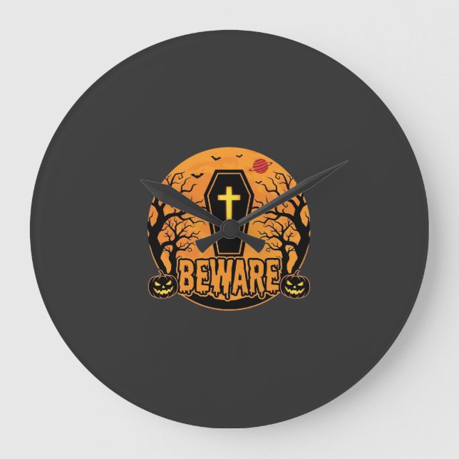 Halloween Coffin Beware Pumpkin Horror Design_1 Large Clock (Front)