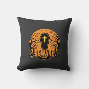 Halloween Coffin Beware Pumpkin Horror Design_1 Throw Pillow