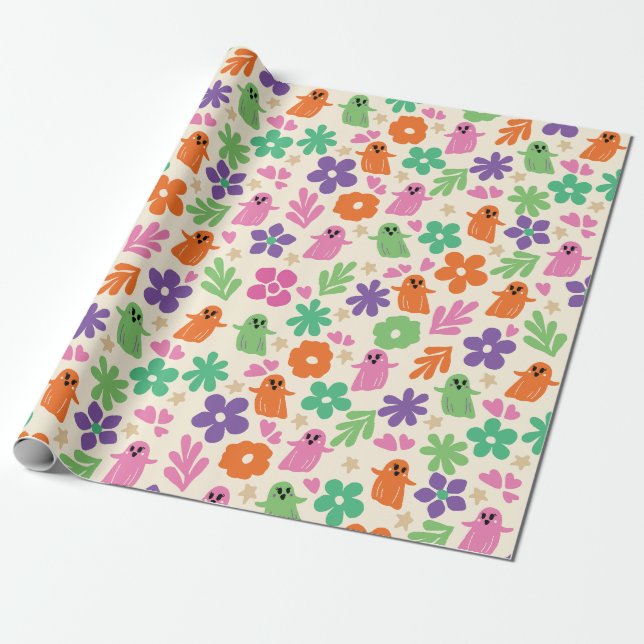 Halloween Colourful Abstract Florals Stars Wrapping Paper (Unrolled)