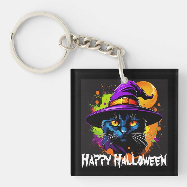 Halloween Colourful Majestic Black Cat  Keychain (Front)