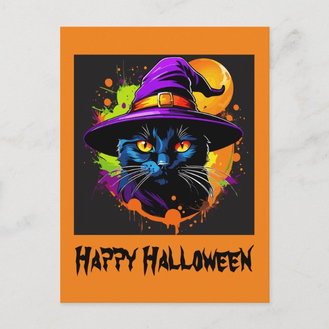 Halloween Colourful Majestic Black Cat  Postcard (Front)