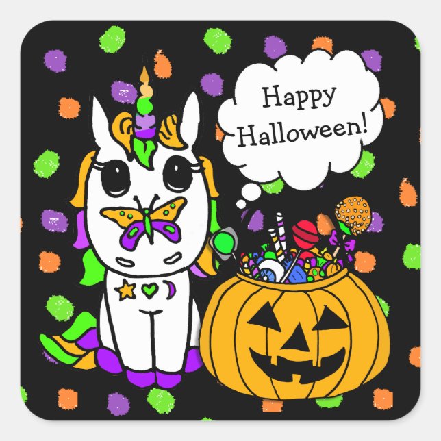 Halloween Colours Unicorn with Butterfly on Nose Square Sticker (Front)