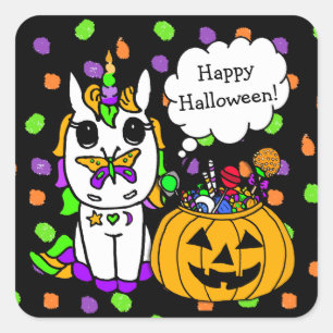 Halloween Colours Unicorn with Butterfly on Nose Square Sticker