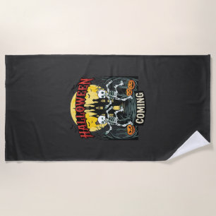 Halloween Coming Dancing Skeletons Castle Pumpkins Beach Towel