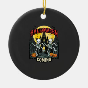 Halloween Coming Dancing Skeletons Castle Pumpkins Ceramic Ornament