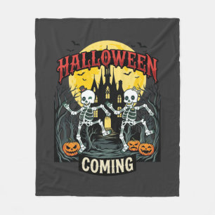 Halloween Coming Dancing Skeletons Castle Pumpkins Fleece Blanket