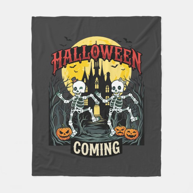 Halloween Coming Dancing Skeletons Castle Pumpkins Fleece Blanket (Front)