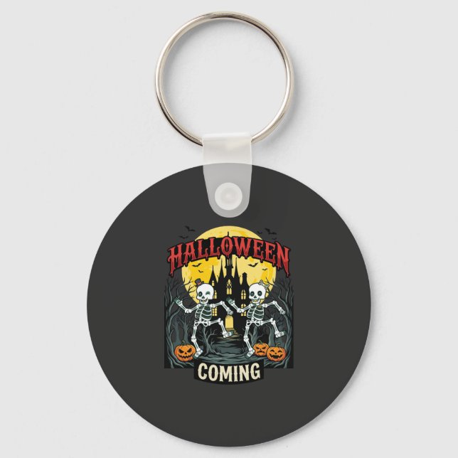 Halloween Coming Dancing Skeletons Castle Pumpkins Keychain (Front)