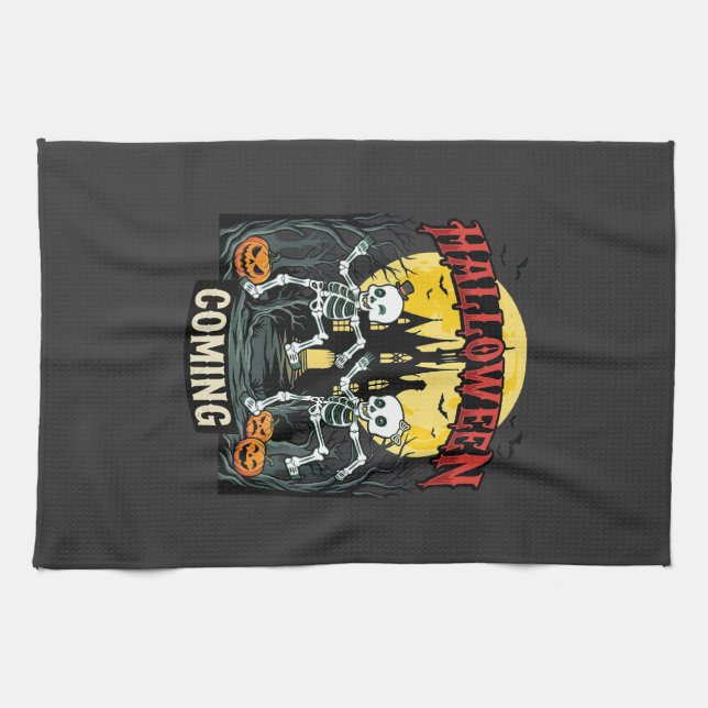 Halloween Coming Dancing Skeletons Castle Pumpkins Kitchen Towel (Horizontal)