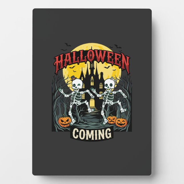 Halloween Coming Dancing Skeletons Castle Pumpkins Plaque (Front)