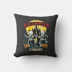 Halloween Coming Dancing Skeletons Castle Pumpkins Throw Pillow