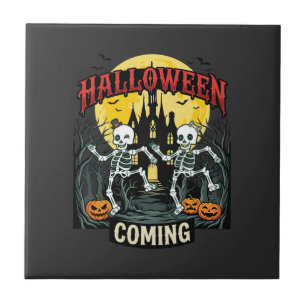 Halloween Coming Dancing Skeletons Castle Pumpkins Tile