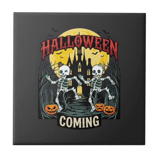 Halloween Coming Dancing Skeletons Castle Pumpkins Tile (Front)