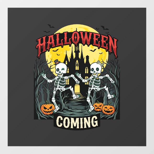 Halloween Coming Dancing Skeletons Castle Pumpkins Window Cling (Sheet)