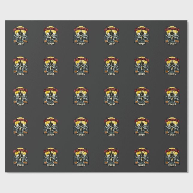 Halloween Coming Dancing Skeletons Castle Pumpkins Wrapping Paper (Flat)